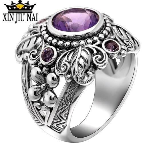 925 anillos silver Vintage Thai Silver Color Flower Leaf Shaped Big Crystal Ring for Woman with Purple CZ Stone amethyst ring