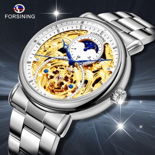 Forsining Automatic Mechanical Business Watch Mens Clock Golden Moon Phase Steel Strap Wrist Watches Top Brand Relogio Masculino