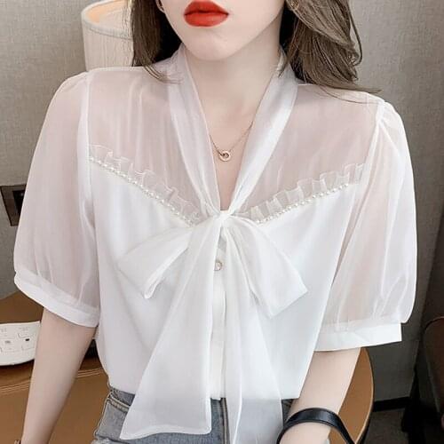 Summer Short Sleeve Blouse Women Beading Ruffles V-Neck Chiffon White Blouse Shirt Tops Blusas Mujer De Moda 2021 Blouses F42