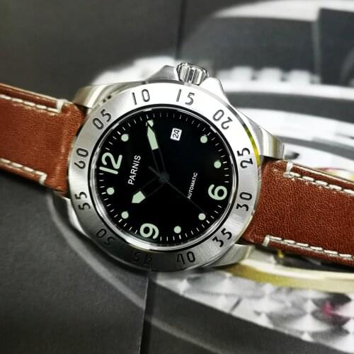 Parnis 43mm Black Dial Automatic Mens Watches Sapphire Crystal Mechanical Calendar Luminous Wristwatch 2020 With Leather Strap