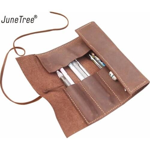 Junetree genuine leather Pen Pencil Case Holder Protective Carrying Box Bag Storage Container yellow brown