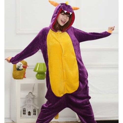 Cartoon Pijama Kigurumi Purple Dinosaur Homewear Flannel Warm Animal Pajamas One Piece For Adults Funny Party Jumpsuit