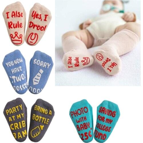 Newborn Infant Baby Long Floor Socks Winter Cotton Anti-Slip Silicone Grip Funny Quotes Letters Toddlers Stockings Gifts