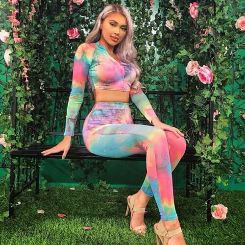 2019 New Autumn Winter Women Tie Dyed Zipper Top + Casual Fashion Waist Leggings Pants 2-Piece Set Ladies Fashion Sports Set S~L