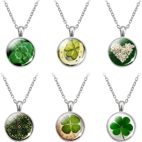 Charm Four Leaf Clover Lucky Necklace Clovers Glass Cabochon Pendant Necklace Long SilverColour Necklace Lucky Jewelry