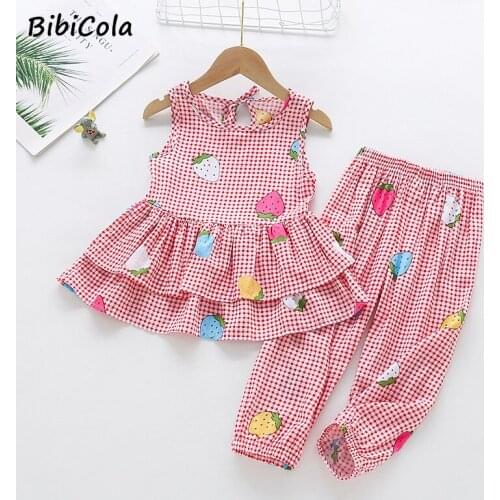 Girls Pajama Sets Sleeveless vest Cotton Set Sleepwear Children Cartoon Anti-mosquito trousers suit Pyjamas For Kids 2-6Y