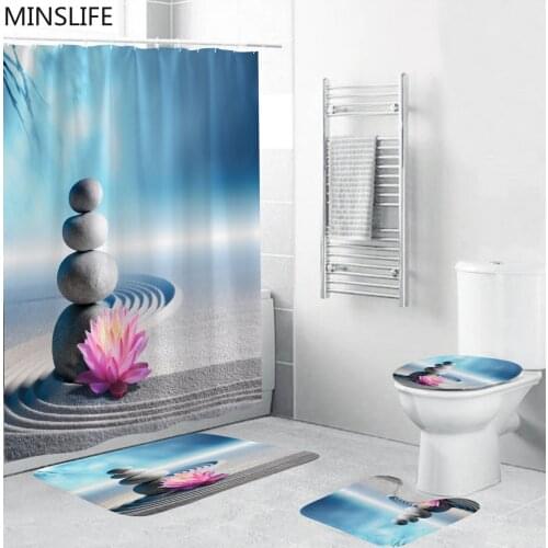 Beach Scenery Shower Curtain Bathroom Curtains Set High Quality Zen Stone Printed Pedestal Rug Toilet Lid Cover Carpet Bath Mats