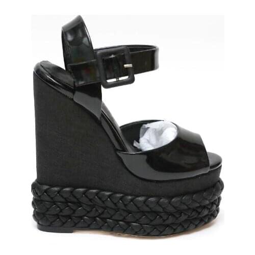 New Black Patent Leather Wedge Heel Platform Sandals Peep Toe Gladiator Buckle Strap Super High Heels Vacation Shoes
