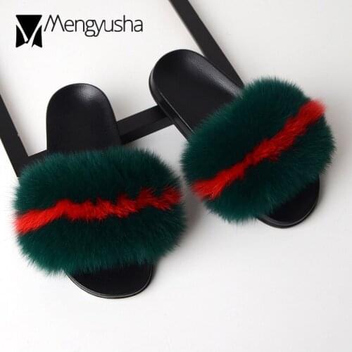 Mixed color fox fur slippers women 100% real fur flip flops soft plush sandals women multi color natural fur house slides c510