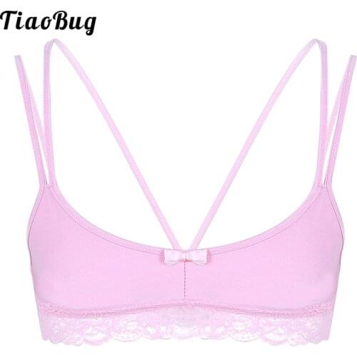TiaoBug Mens Sissy Lingerie Smooth Wire-Free Bralette Lace Hem Strappy Bra Top Vest Tank