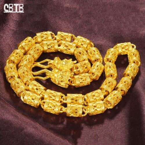 Thick Gold Necklace Sand Gold Jewelry Brass Gold Plated Mens Double Dragon Head Bucket Bead Necklace Does Not Fading