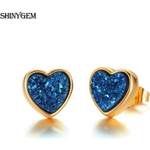 ShinyGem Lovely 10mm Natural Love Heart Sparkling Crystal Stone Earrings 24K Gold Plating Bezel Stud Earrings For Women Girls