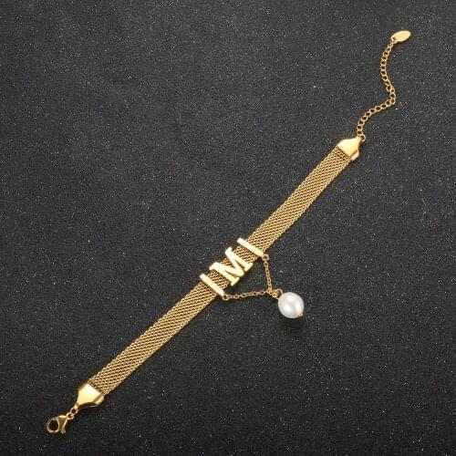 Gold Color Mesh Bracelet M Letter Tessel Freshwater Pearl Bracelet For Women Stainless Steel Bracelets Jewelry Gift