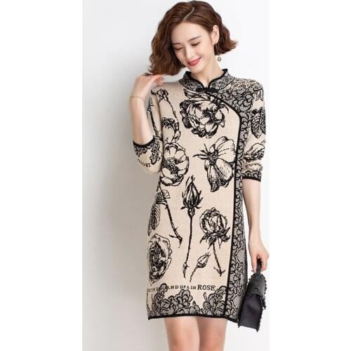 Women Floral Sweater Elegant Butterfly Collar Knit Dress Female Sweaters Dress Pullovers