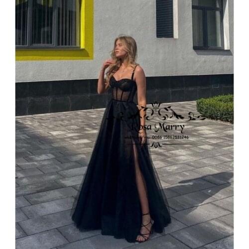 Gothic Black Long Tulle Prom Dresses for Women A Line Sequined Beaded Plus Size Formal Evening Party Wear Gown Vestido De Fiesta
