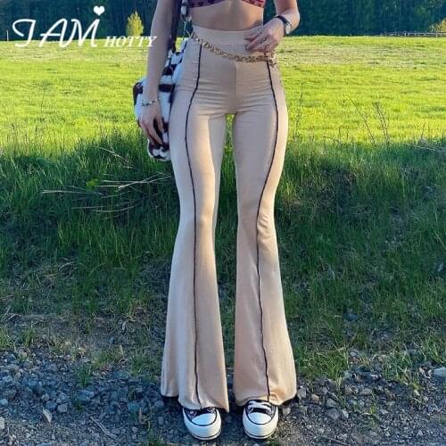 Reverse Thread Patchwork Casual Flare Pants Women Vintage High Waist Baggy Stretchy Sweatpants Cargo Mom Trousers 2021 Iamhotty