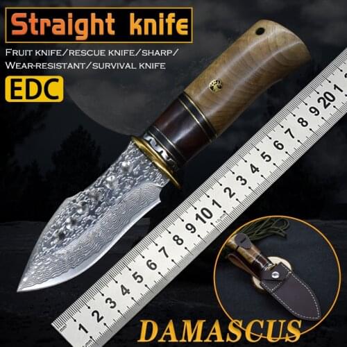 Damascus steel straight knife outdoor camping survival tactics fixed knife outdoor hunting saber tactics sharp kitchen knife EDC