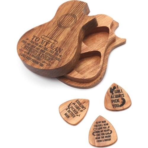 Wooden Guitar Pick Box Holder Guitar Shape 3 Compartments Paddles Wood Container with 3pcs Olivewood Picks Guitar Parts