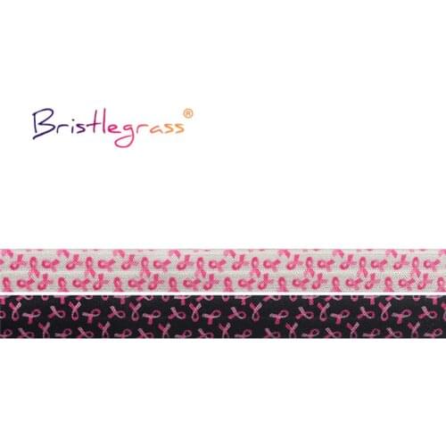 BRISTLEGRASS Combo 4 Yard 5/8" 15mm Breast Cancer Awareness Print Fold Over Elastics FOE Spandex Satin Band Hair Tie Sewing Trim