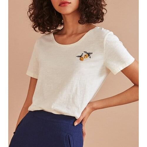 Lemons Embroidery T Shirt Women Summer Short Sleeve O neck White Linen Casual Tees Tops Simple Vintage Sequin Shirt tshirt