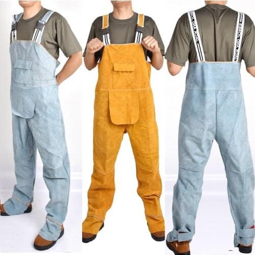Unisex Bib Overalls Protective Leather Flame Retardant Repair Welder Strap Pants