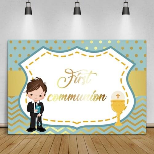 Laeacco Cartoon Boy Holy My First Communion Photography Backdrop Baby Shower Crucifix Chalice Photo Background For Photo Studio