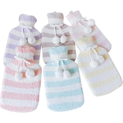 Cute PVC Stress Pain Relief Therapy Stripe Hot Water Bottle Bag Soft Pompon Cozy Cover Winter Warm Heat Reusable Hand Warmer