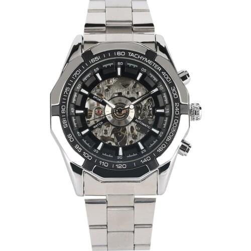 Mens Mechanical Watch Automatic Self-Winding Wristwatch Steam-punk Style Stainless Steel Strap Luminous