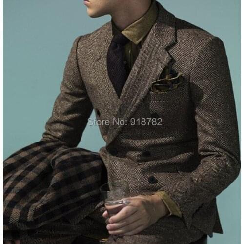 Brown Tweed Suit Men Double Breasted Suits Slim Fit 2018 Custom Fashion Party Prom Tuxedo Wedding Groom Suit Costume Homme