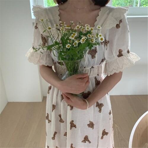 Cartoon Bear Summer Nightgown Women Square Collar Short Sleeve Kawaii Nightdress Sleepwear High Waist Loose Home Clothes