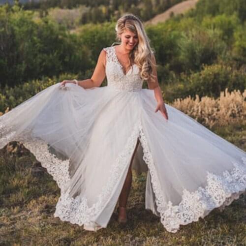 Modern Classic Ivory Lace Side Split Bridal Wedding Dresses Plunge V Neckline Appliqued Wedding Gowns for Bride Illusion Back