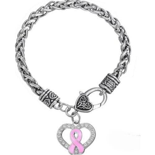 Breast Cancer Awareness Pink Enamel Ribbon Heart Shape Charm Lobster Clasp Bracelet for Women jewelry