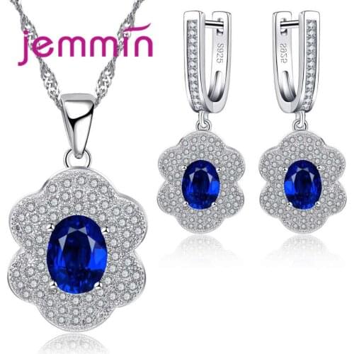 Luxury Exaggerate Blue Crystal Flower Inlaid Full Rhinestone Women 925 Sterling Silver Necklace Earrings Jewelry Sets