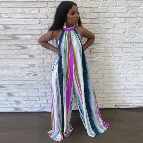 Vertical Striped Print Rompers Womens Jumpsuit Hanging Neck Backless One Piece Beach Outfit Summer Bohemian Wide Leg Overalls