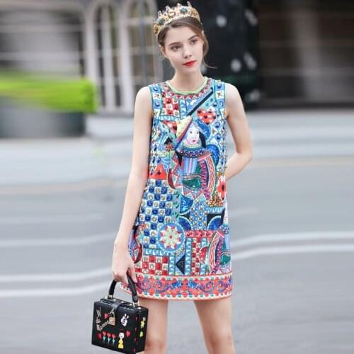 High quality 2020 new designer fashion summer dress Pattern Print Elegant Blue Diamonds Womens Straight Dress