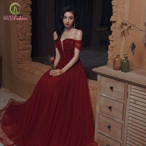 SSYFashion new wine red evening dress Elegant banquet boat neck crystal beading long prom formal gown custom vestido de noche