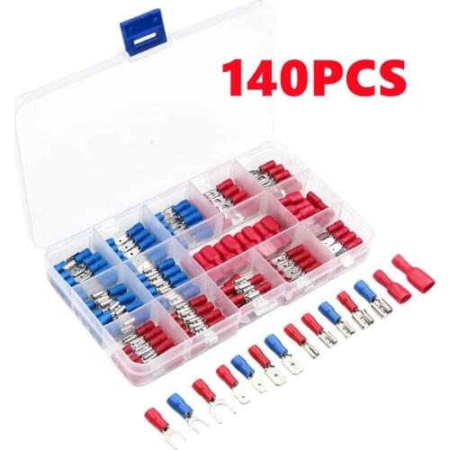 140Pcs Assorted Insulated Spade Crimp Terminal Cold-Pressure Terminal Electrical Wire Cable Connector Fork Spade Butt Connectors