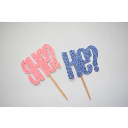 Glitter HE OR SHE Gender Reveal Pink & Blue cupcake Toppers baby shower birthday party cake decorations toothpicks