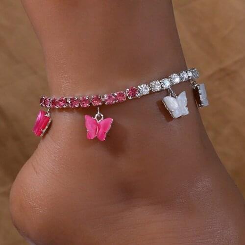 Stonefans Charms Pink Butterfly Rhinestone Anklet Bracelet Butterfly White Women Beach Tennis Chain Pendant Anklet Foot Jewelry