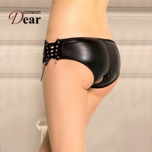 Comeondear Black Open Crotch Woman Panties Underwear Plus Size Sexy Leather Shorty Femme Bow Bandage Imitation Lingerie PA5125
