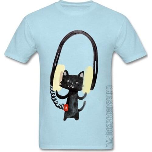 Cat With Huge Headphones T-Shirt Classic Thanksgiving Day Gift Tees Crew Neck Pure Cotton No Button Design T Shirts Printing