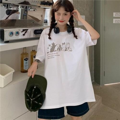 Lazy Loose Cat Print Tshirt Womens T-shirts Tops Japanese Kawaii Ladies Ulzzang Female Korean Harajuku Clothes For Women