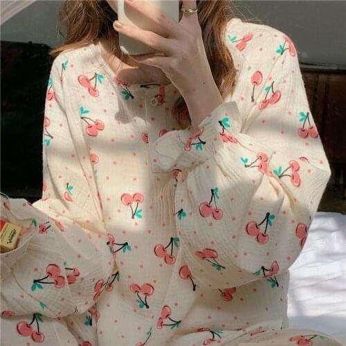 QWEEK Cotton Pijama Korean Sleepwear Summer 2021 Pajamas for Women Cherry Print Pyjamas Set 2 Piece Long Sleeve Nightwear Suits
