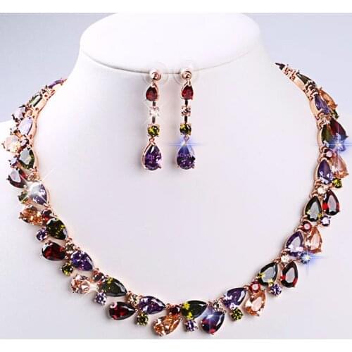 HUAMI Plant Flowers String Chain Neckalace and Water Drop Earrings Sets for Women Crystal Jewelry Wedding Luxury Bridal Costume