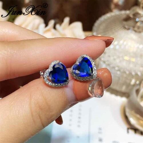 Dainty Royal Blue Stone Heart Earrings White Gold Black Rose Gold Color Crystal Zircon Wedding Stud Earrings For Women Jewelry