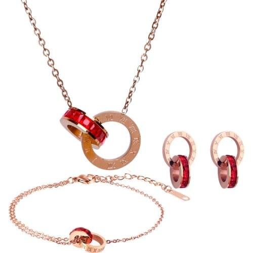 Titanium Steel Rose Gold Roman Numeral Double Ring Necklace Clavicle Chain Bracelet Earring Set