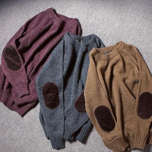 Mens round-collar knitted sweaters artistic solid color retro knit Japanese men clothing patch pullover mens sweater