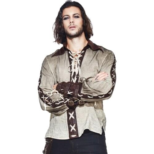 New Arrival Gothic Mens Shirts Vintage Lace Up Casual Shirts Belt Bandage Shirts Devil Fashion Cotton Shirts