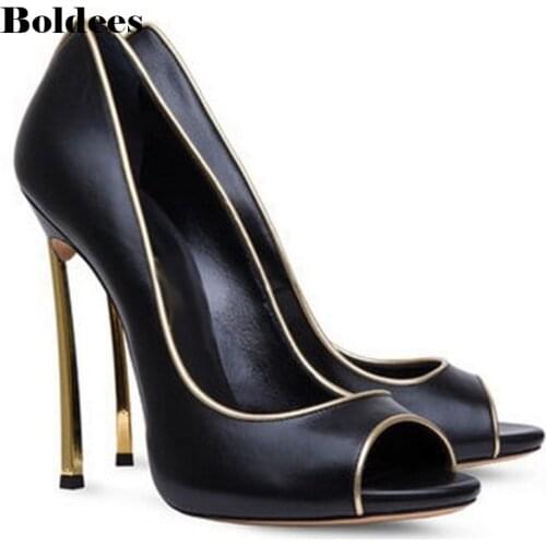 Charming Golden Glittering Blade Stiletto Heels Pumps Fancy Peep Toe Shoes Concise Women Line Buckle Style Shoes Small Size 33