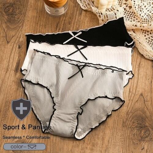 QIWN Sexy Hot Sport Briefs for Women Panty Ruffle Soft Cotton Seamless Underwear with Bow Female Plus Size High Waist Underpanty